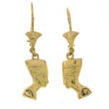 A pair of Egyptian drop earrings featuring lotus flowers and suspended Nefertari heads.Egyptian