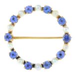 A sapphire and seed pearl wreath brooch.