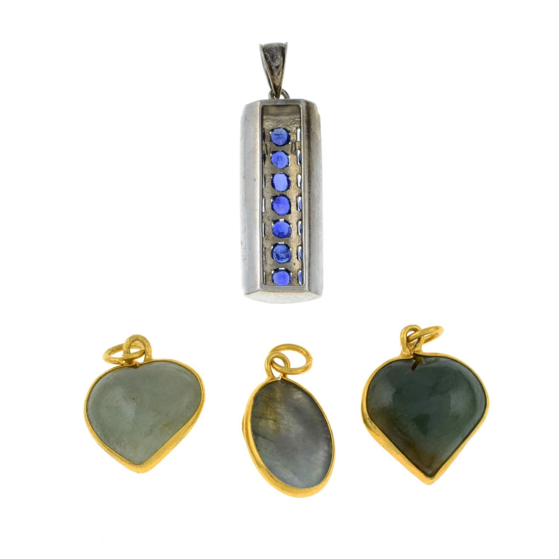 A sapphire set pendant and three jade pendants.Lengths 2 to 3.3cms. - Image 2 of 2