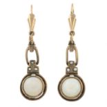 A pair of opal and split pearl drop earrings.Stamped 333.Length 4cms.