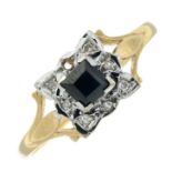 A 9ct gold sapphire and single-cut diamond cluster ring.One diamond deficient.Hallmarks for