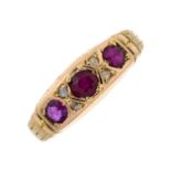 A late Victorian 9ct gold ruby and rose-cut diamond ring.Hallmarks for Chester, 1899.Ring size J.