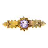 An early 20th century 9ct gold amethyst brooch.Stamped 9ct.Length 5.4cms.