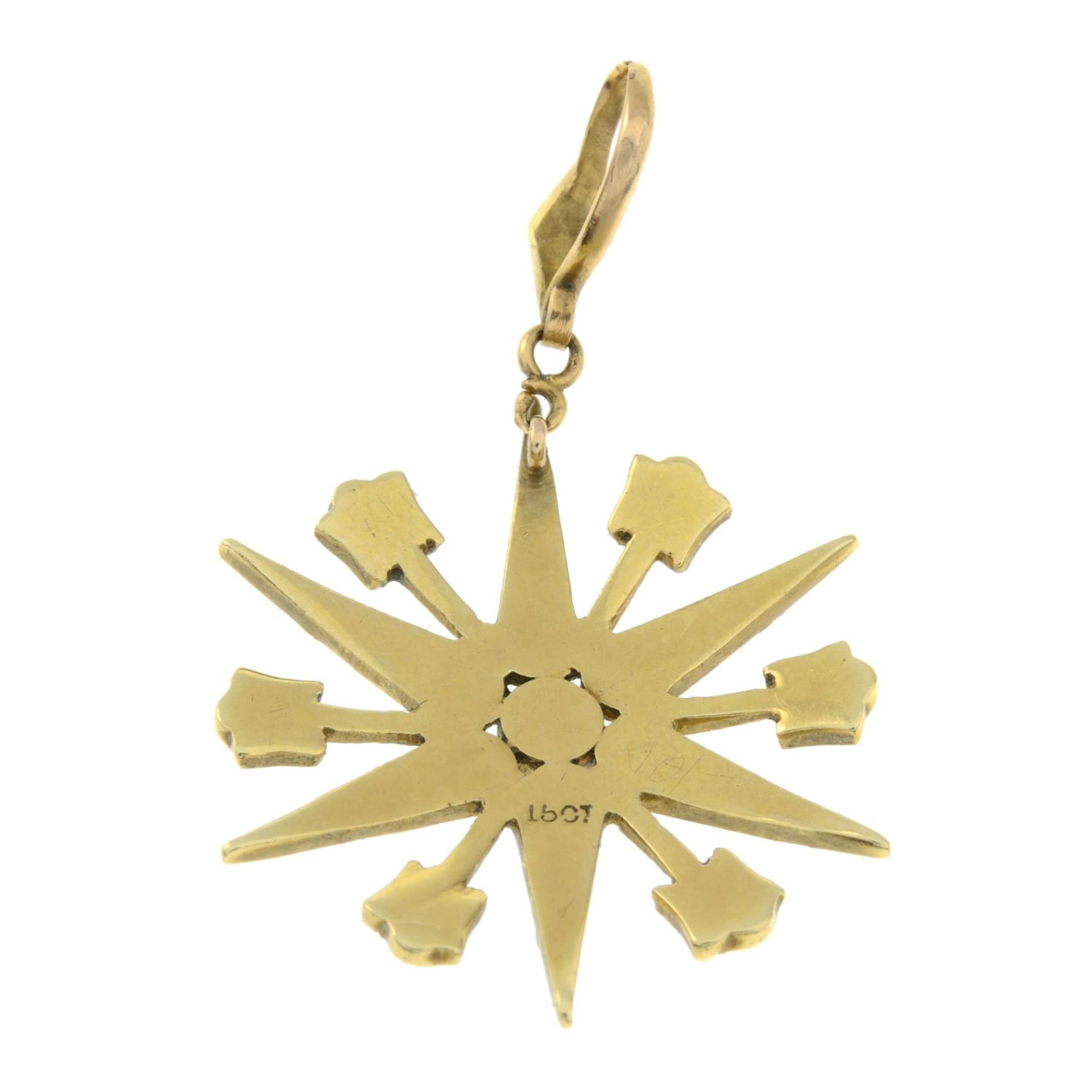 An early 20th century 15ct gold turquoise and seed pearl pendant of a star. - Image 2 of 2