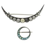 A Victorian paste crescent moon and a turquoise crescent moon brooch.One stamped 800.Lengths 1.6
