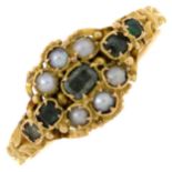 A late Victorian 15ct gold green gem and split pearl dress ring.Hallmarks for Birmingham,