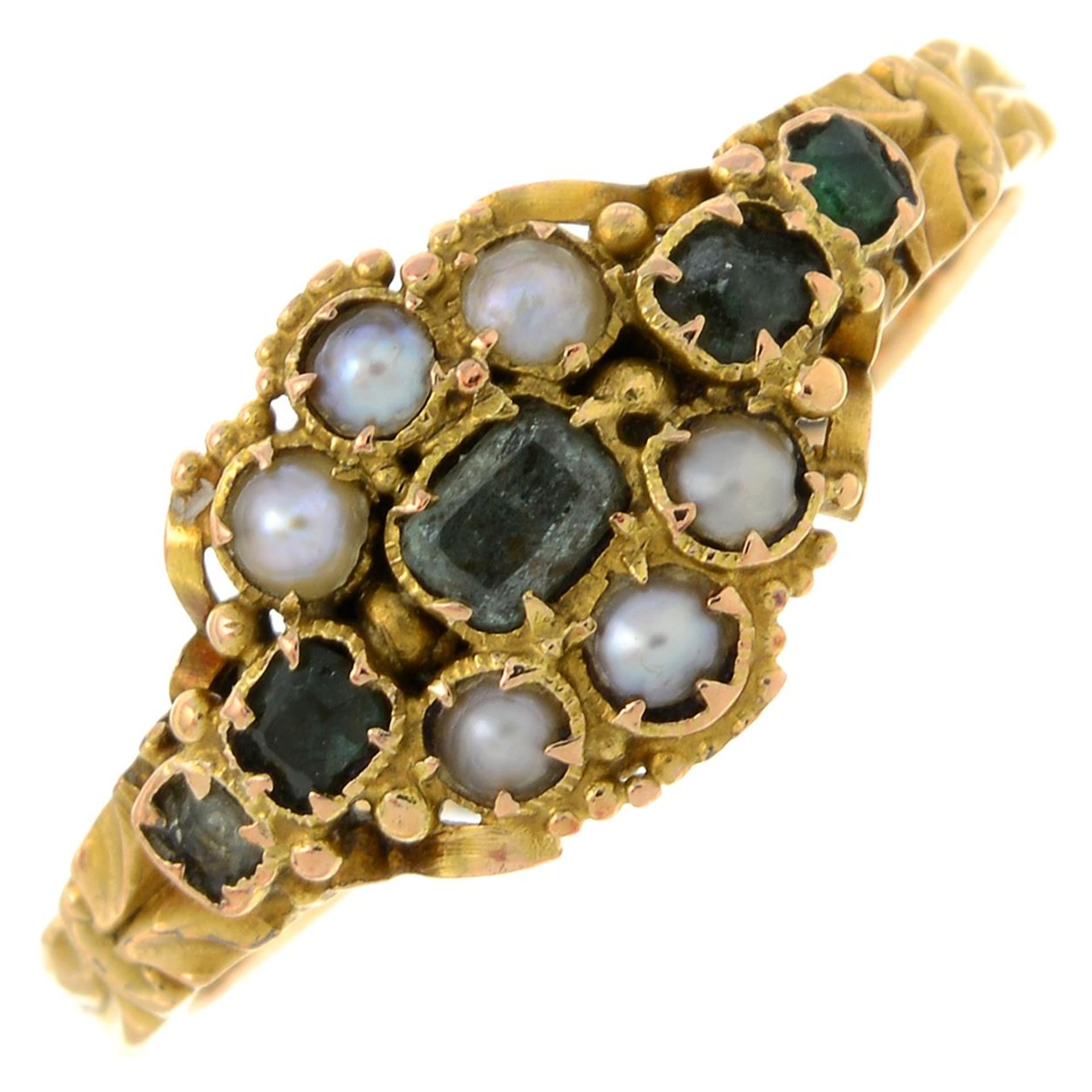 A late Victorian 15ct gold green gem and split pearl dress ring.Hallmarks for Birmingham,