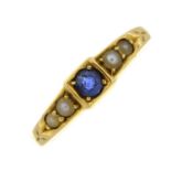 An Edwardian 18ct gold sapphire and split pearl ring,