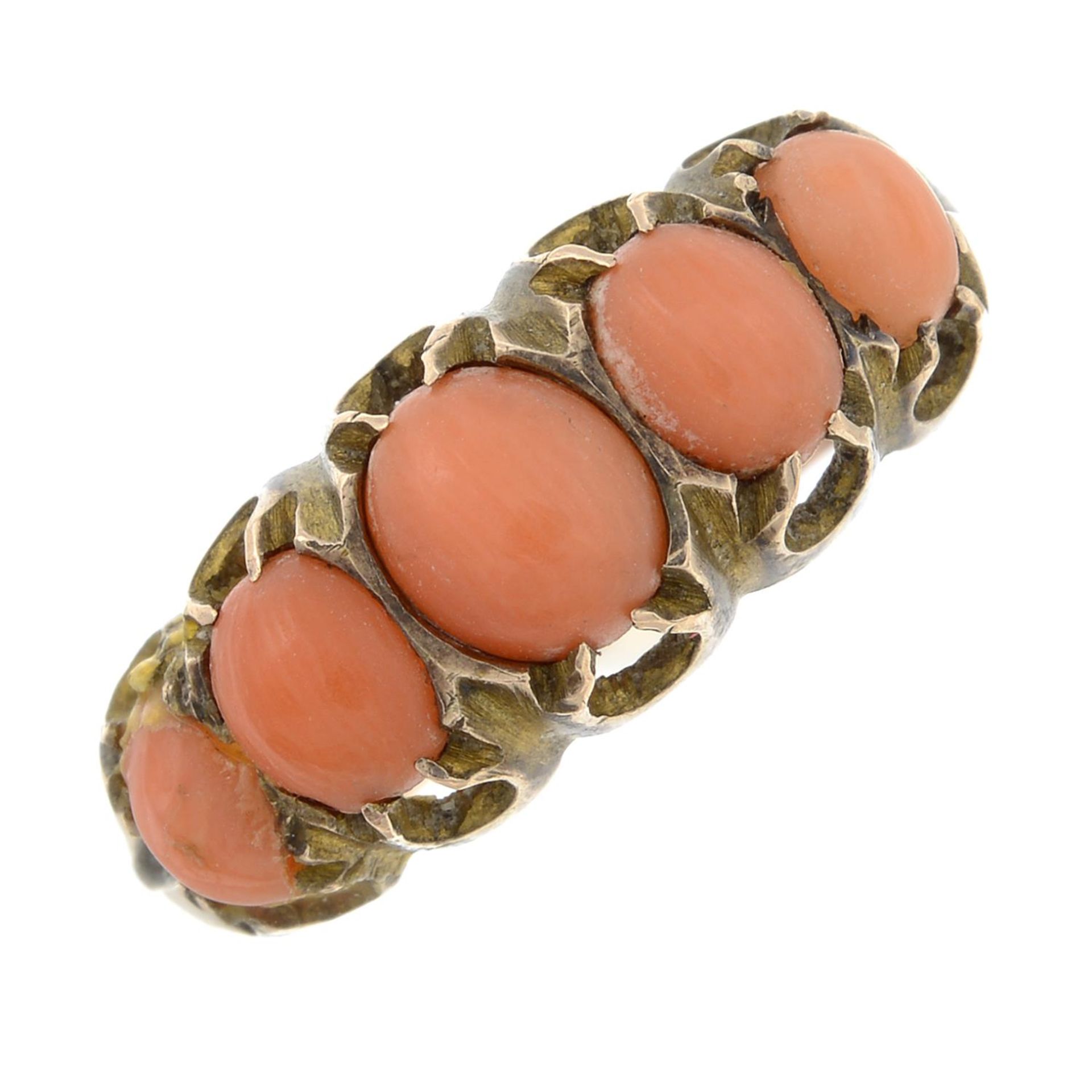 A late Victorian 9ct gold coral five-stone ring.