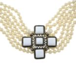 An imitation pearl choker necklace with a white paste cross, by Chanel.