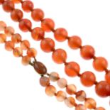 Two agate bead necklaces.Diameter of beads 0.6 and 2cms.