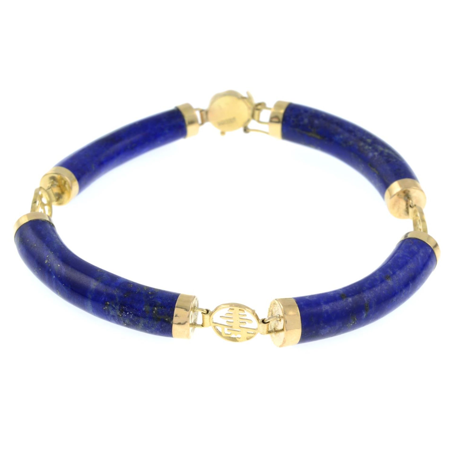 A lapis lazuli bracelet with Chinese character spacers.Stamped 14k, 575.Length 18.8cms. - Image 2 of 2