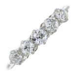 A five stone diamond ring.Estimated total diamond weight 0.19cts,