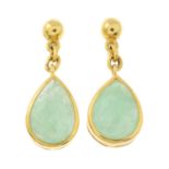 A pair of jade drop earrings.Jade is untested.Stamped 750.Length 1.9cms.