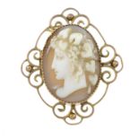 A cameo brooch, with safety chain.Stamped 9ct.