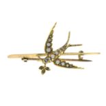 An early 20th century split pearl, rose-cut diamond and sapphire swallow brooch.Length 4.4cms.