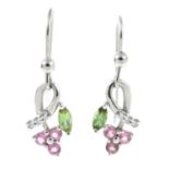 A pair of diamond, peridot and pink topaz floral drop earrings.Stamped 750.Length 2.7cms.