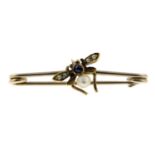 An early 20th century sapphire and split pearl bar brooch of a bee.Length 3cms.