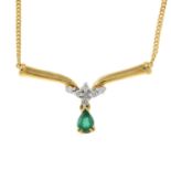 A 9ct gold emerald and brilliant-cut diamond pendant necklace.Estimated total diamond weight