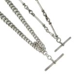 A silver fancy link albert chain along with a double albert chain.One with Hallmarks for