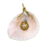 A late Victorian shell pendant, with 18ct gold foliate highlights and seed pearl accent.