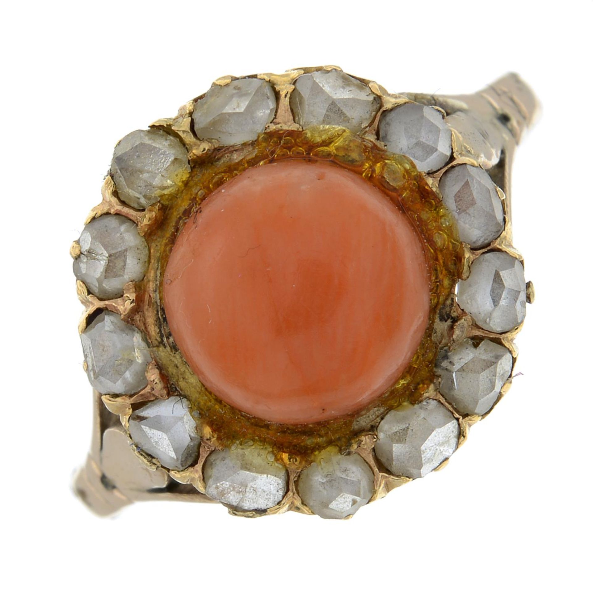 A 19th century rose-cut diamond and coral ring.Ring size N 1/2.