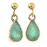 A pair of 9ct gold pear-shape emerald drop earrings.