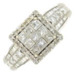A 9ct gold square-shape diamond cluster ring.Estimated total diamond weight 1.28cts.Hallmarks for