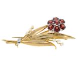 A 9ct gold garnet and cultured pearl brooch,