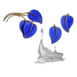 A Norwegian enamel brooch and clip-on earring set by Bernard Meldahl,