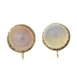 A pair of early 20th century 9ct gold agate earrings.Stamped 9ct.Length 1.9cms.
