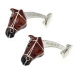 A pair of silver and enamel horsehead cufflinks, by Deakin and Francis.Signed D&F.