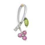A diamond, peridot and pink topaz floral pendant.Stamped 750.Length 2.2cms.