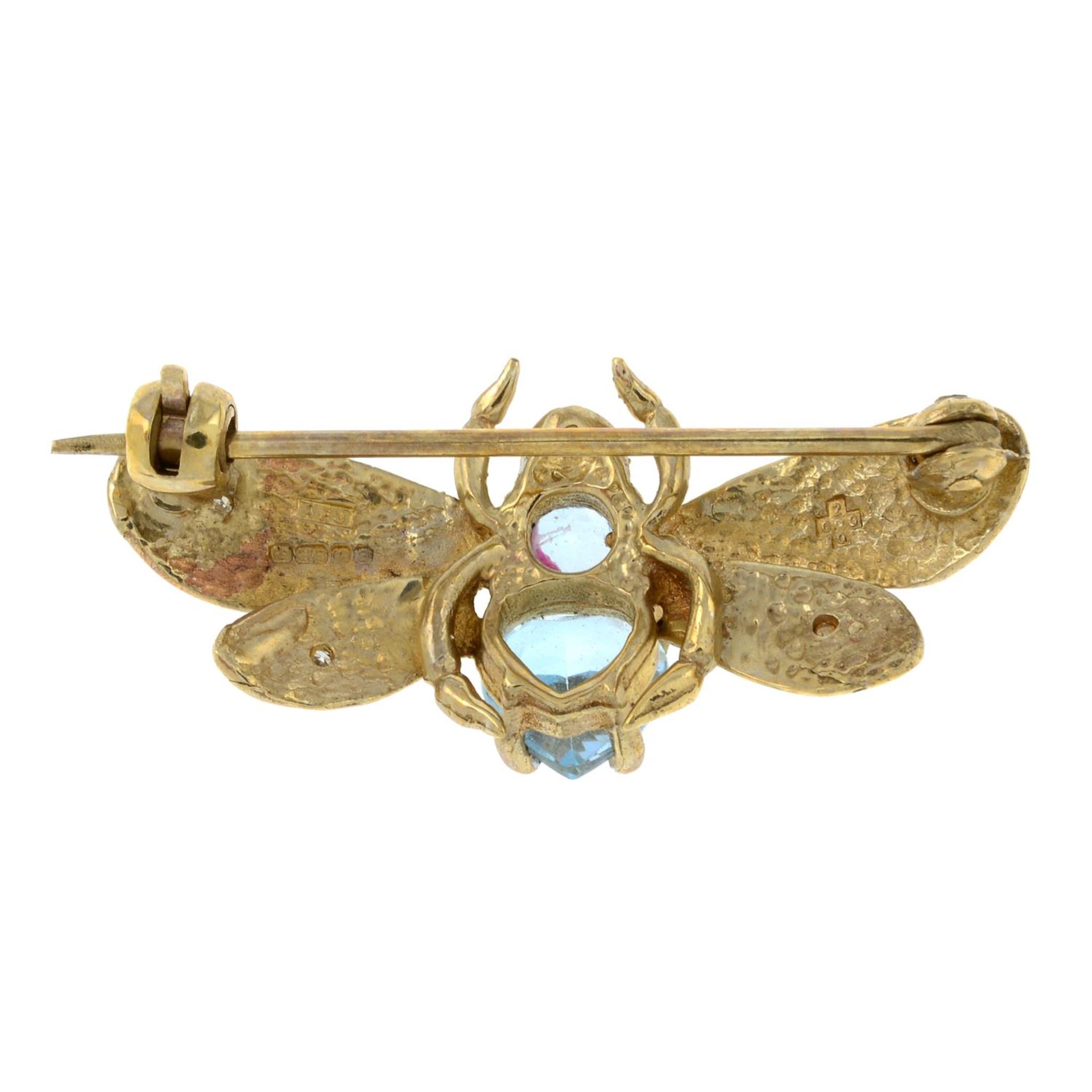 A 9ct gold blue topaz and diamond brooch of a bee.Hallmarks for Birmingham, 2000.Length 3cms. - Image 2 of 2