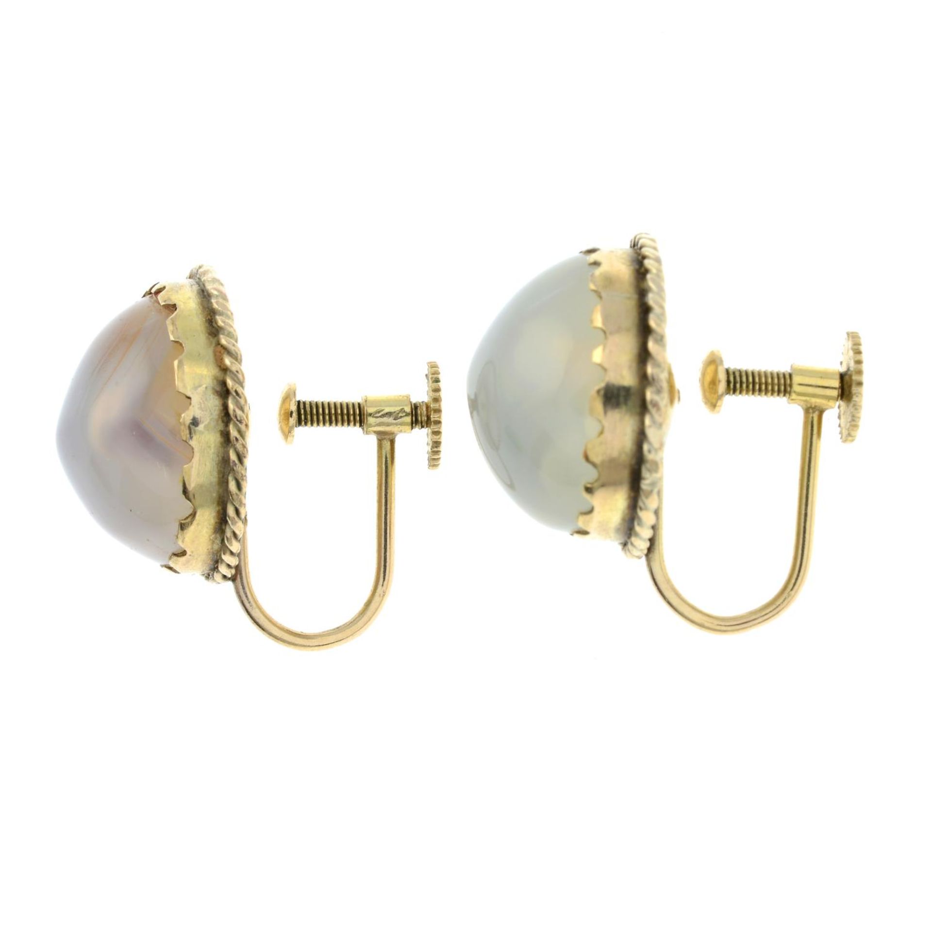 A pair of early 20th century 9ct gold agate earrings.Stamped 9ct.Length 1.9cms. - Image 2 of 3