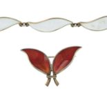 An enamel bracelet, brooch and pair of clip-on earrings, by David Anderson.