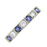 An 18ct gold sapphire and diamond half eternity ring.Estimated total diamond weight 0.15ct.