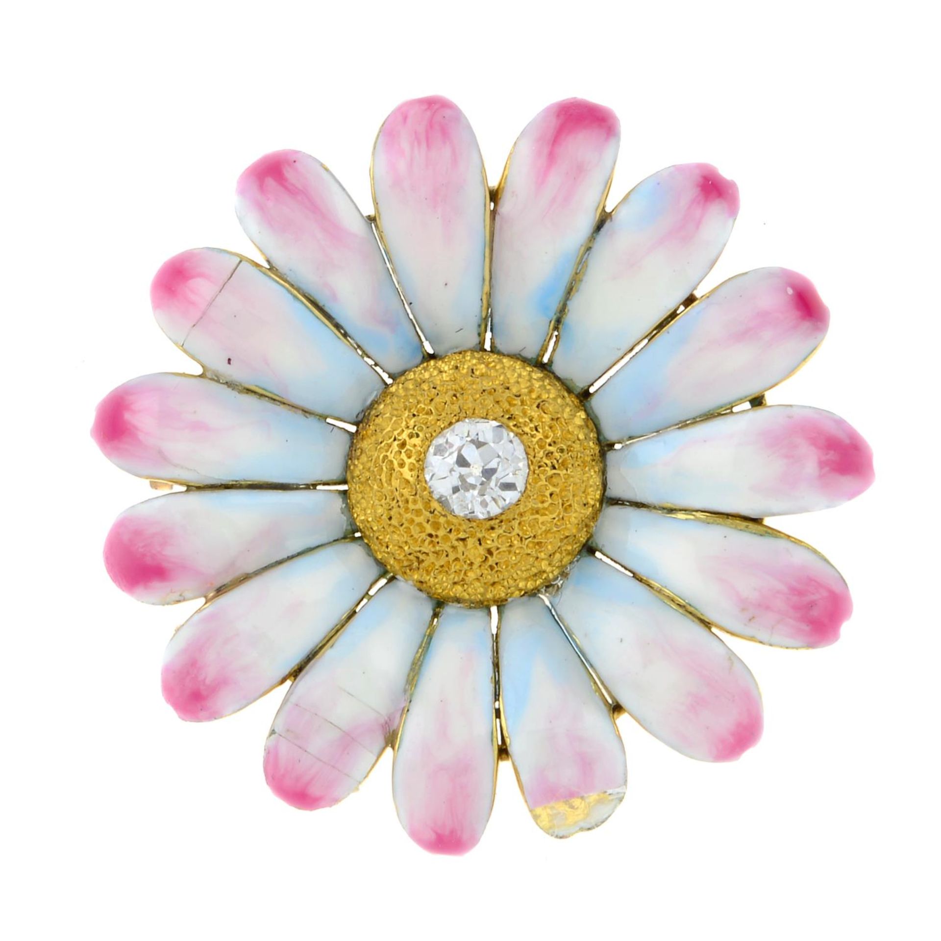 An old-cut diamond and enamel floral brooch.Diamond estimated weight 0.20ct,