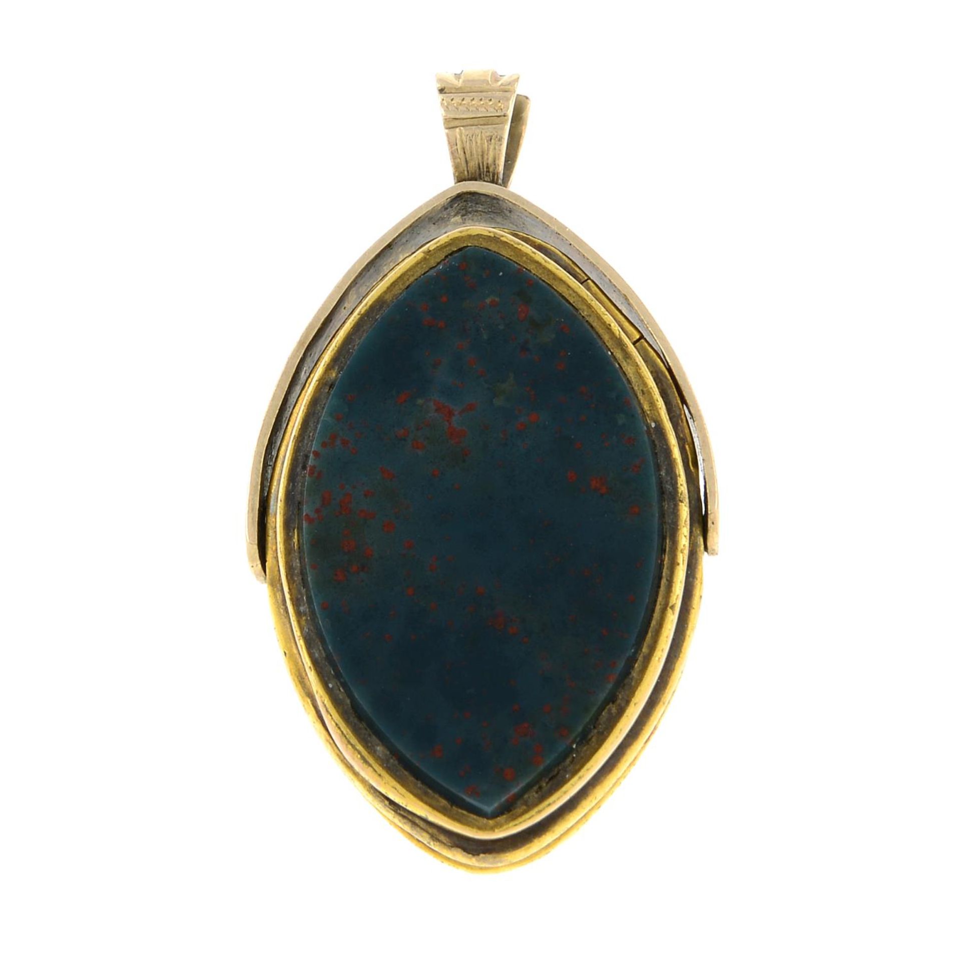 An early 20th century gold, bloodstone and carnelian swivel locket pendant.Length 3cms.