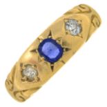 A sapphire and diamond three-stone ring.Estimated total diamond weight 0.15ct.