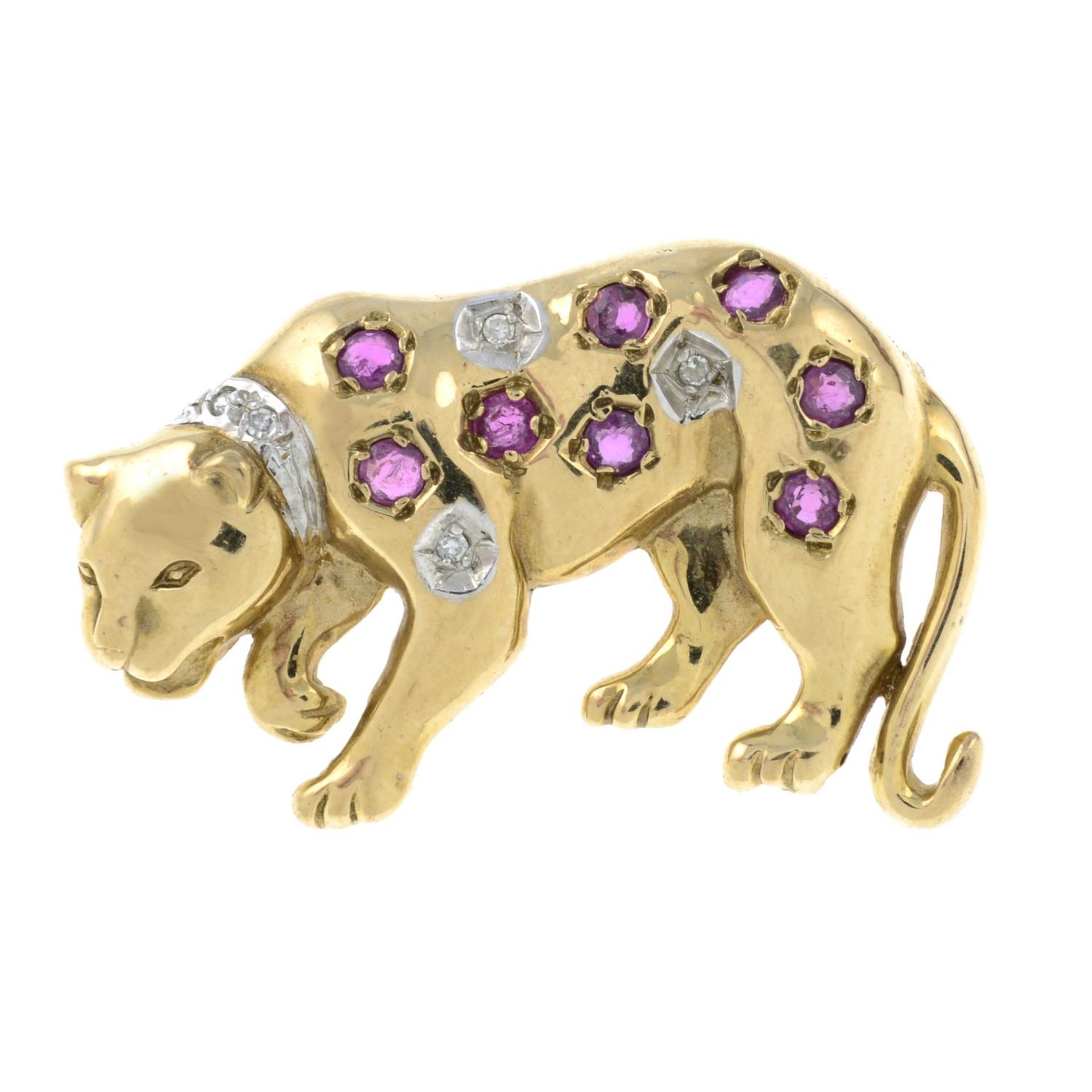 A 9ct gold ruby and diamond leopard brooch.Hallmarks for 9ct gold.