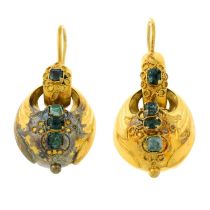 A pair of mid 19th century gold emerald drop earrings.Length 3.5cms.