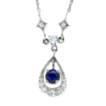 A sapphire and single-cut diamond necklace.Stamped 14K.Length 38.5cms.