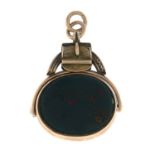 A late Victorian 9ct gold bloodstone and carnelian swivel fob.Hallmarks for Birmingham,