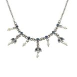 A sapphire and cultured pearl fringe necklace.Lobster clasp stamped 750.