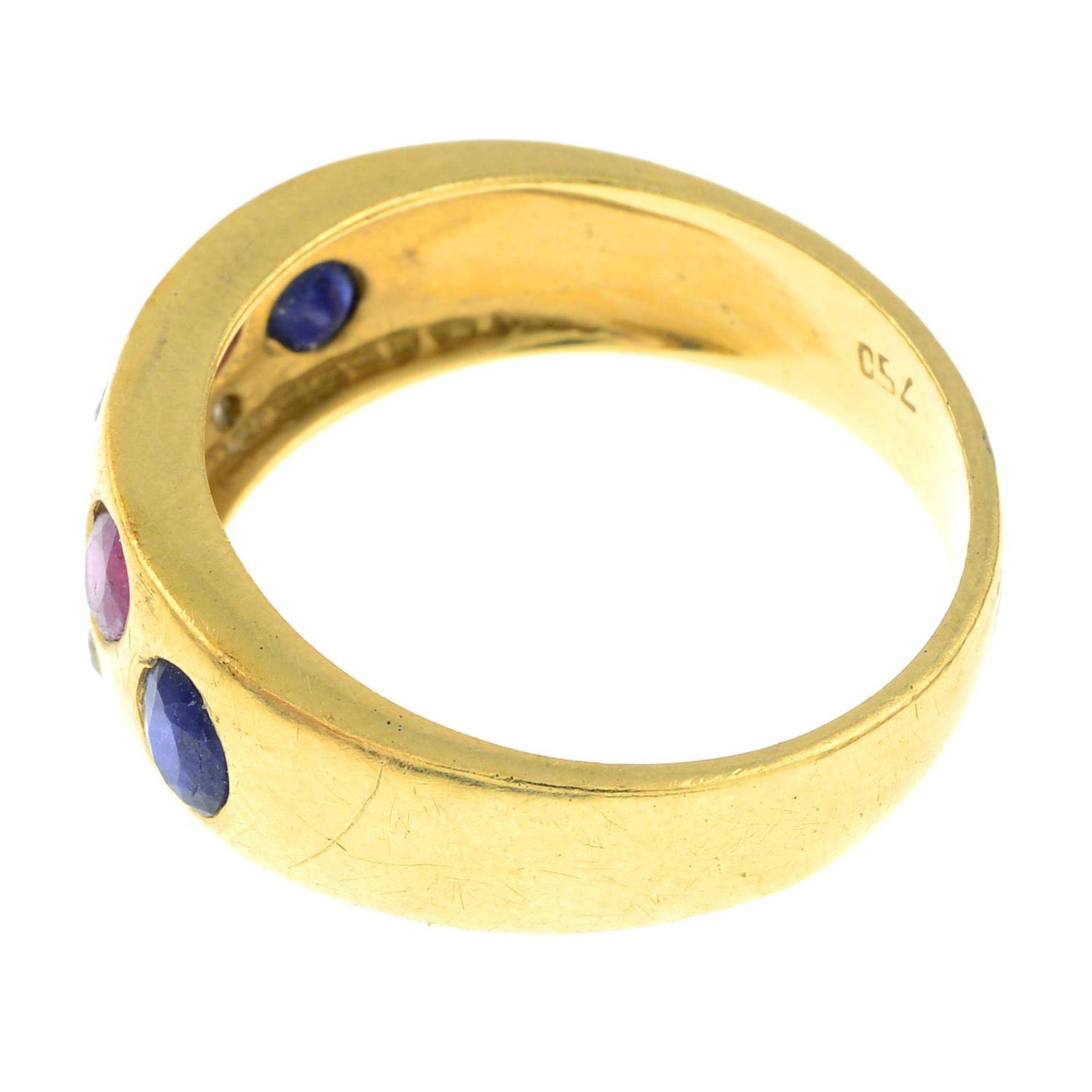 A ruby, sapphire, emerald and diamond ring.Stamped 750. - Image 2 of 3