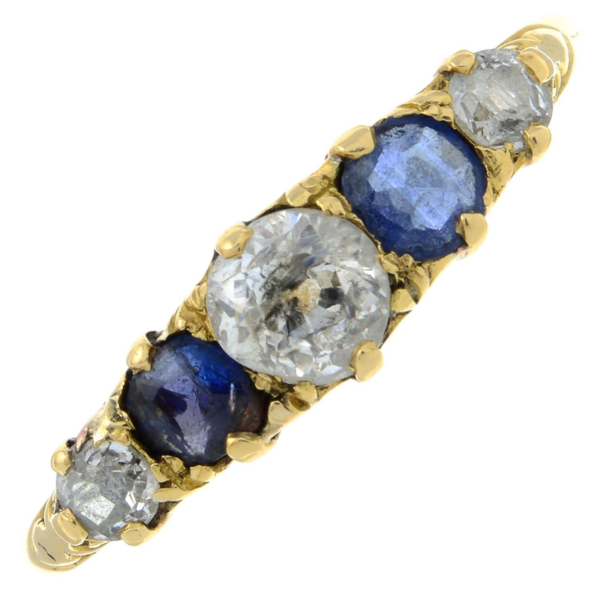A sapphire and old-cut diamond five-stone ring.Principal diamond estimated weight 0.40ct,