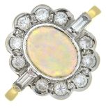 An 18ct gold opal and brilliant and baguette-cut diamond cluster ring.Estimated total diamond