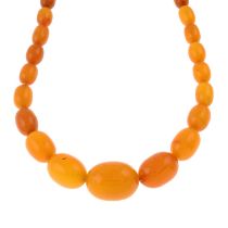 A graduated amber bead necklace.Beads measuring approximately 25 to 7mms.Length 46cms.