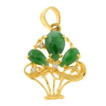 A jade pendant, designed to depict an openwork flower basket, with diamond accent.Stamped 750 18K.